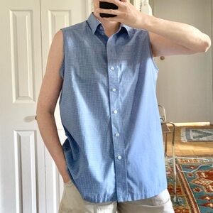 Vintage Alia Sleeveless Button Up Plaid Dress Shirt Blue Coastal Grandma Preppy